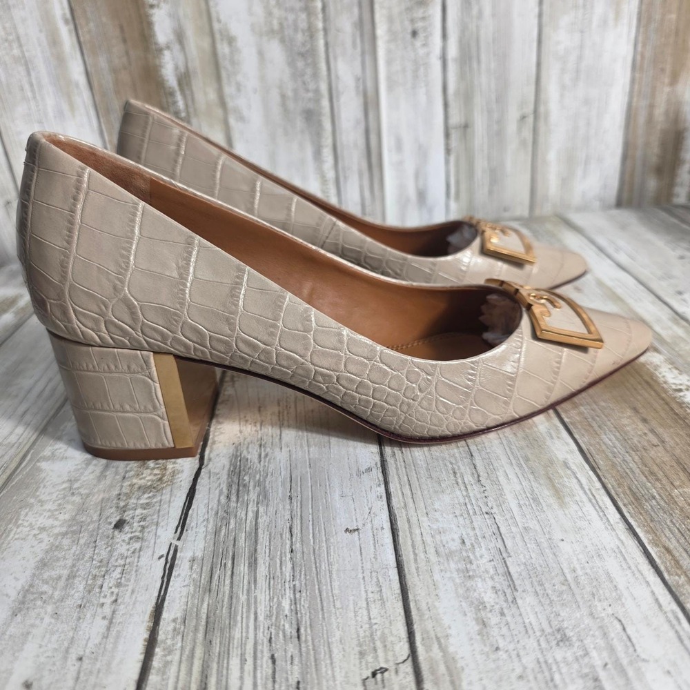 Tory Burch Eleanor Beige Croc Embossed Leather Pointed Toe Block Heel Pumps 5M - Picture 6 of 15